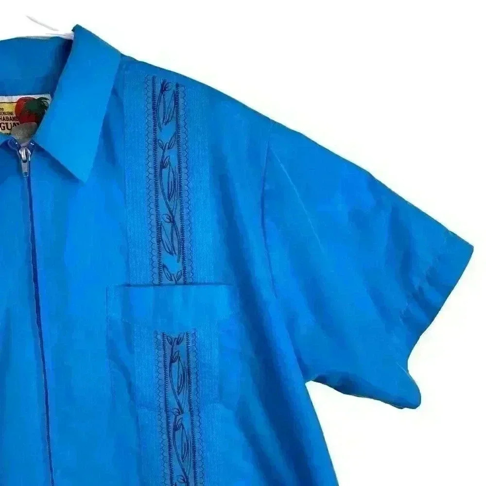 The Genuine Haband‎ Guayabera Full Zip Cuban Cigar Bowling Shirt Turquoise Men’s - Picture 4 of 10